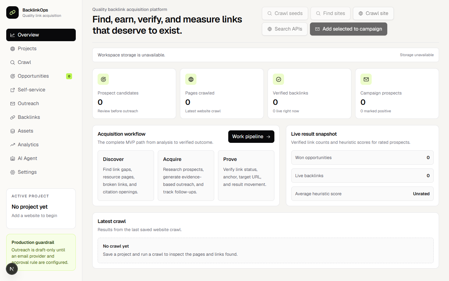 BacklinkOps local workspace dashboard showing discovery, outreach and backlink verification sections