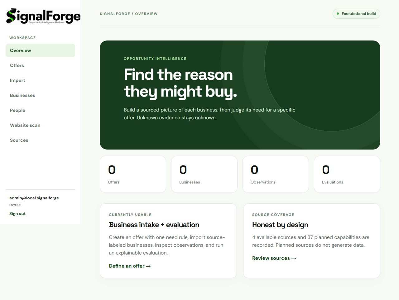 SignalForge dashboard in a fresh local pilot workspace with no imported businesses or offers